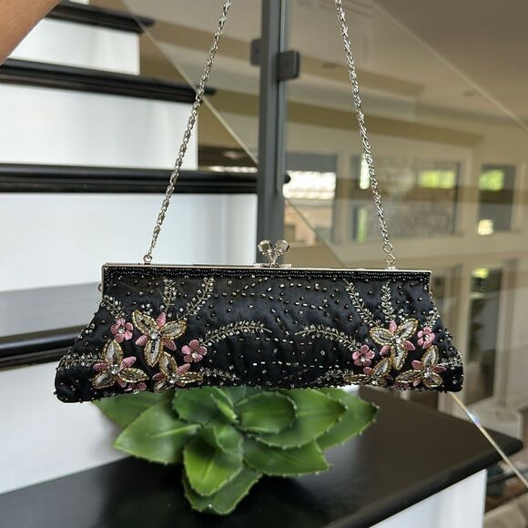 Vintage Embellished Evening Clutch Purse Beaded Floral Satin Bag Chain Strap - Picture 3 of 6
